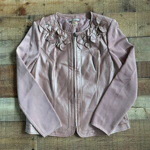 Peter Nygard Women's Pink Leather and Knit Full Zip Floral Jacket -M